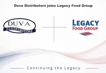 Duva Distributors logo merging with Legacy Food Group logo, representing a food distribution industry partnership and consolidation.