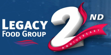 Legacy Food Group celebrates its 2nd anniversary with vibrant blue and red promotional design.
